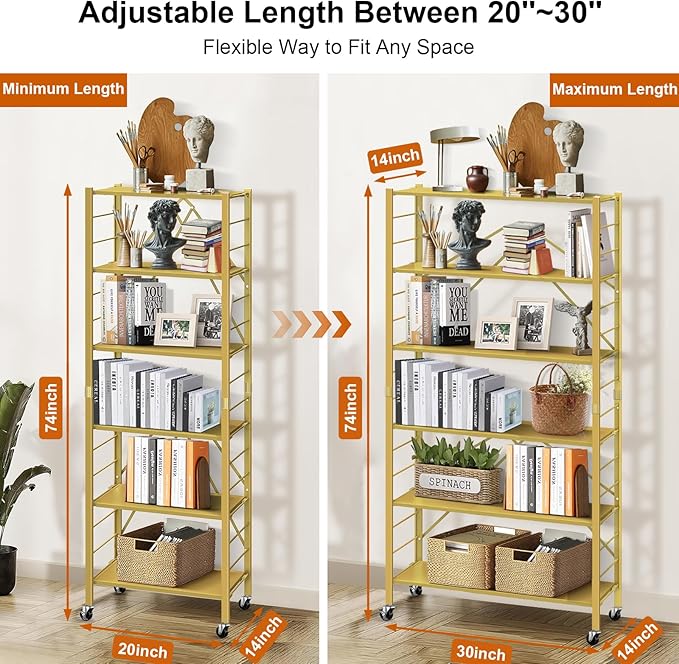 Himix 6-Tier Foldable Storage Shelves Expandable Shelf Wheels Gold 2-in-1