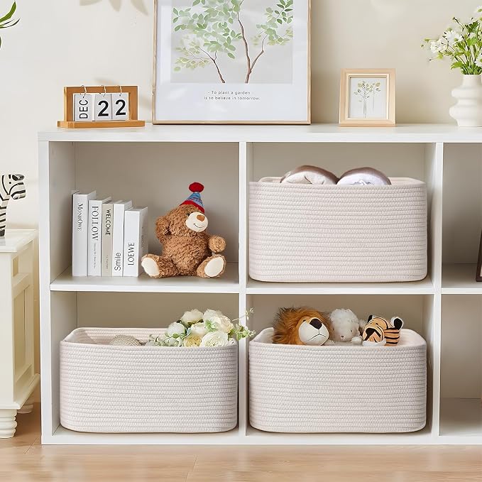 2 Pack Large Storage Basket for Organizing, 17.5"x13"x7" Woven Basket for Shelves, Closet Cube Storage Bins with Wrapped Handle, Cotton Rope Baskets for Kitchen, Clothes, Toys(Off White)