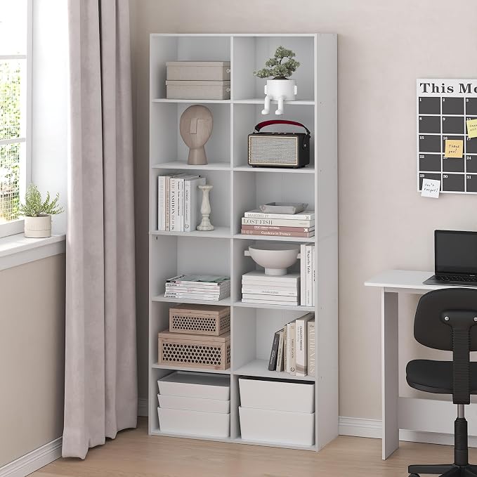 Furinno Basic Book Shelf, 12-Cube Bookshelf, Bookcase with Open Shelf, Cube Storage Organizer, 12 x 32 x 71, for Living Room, Home Office, White