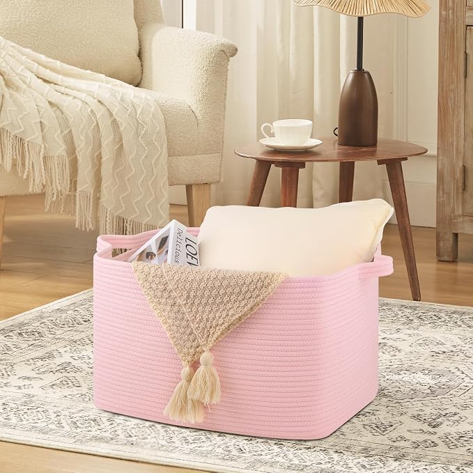 OIASKET Large Blanket Basket, Blanket Storage Living Room, Rectangle Woven Baskets for Storage Toys, Towels, Dirty Clothes Organizer Bins (Pink)