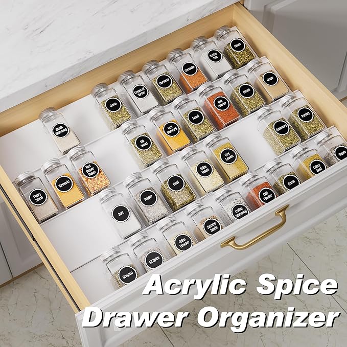 MIUKAA White Spice Drawer Organizer, 4 Tier - 8 Pack Seasoning Organizer for Drawer, Expandable From 13" to 26" Kitchen Drawer Spice Rack (Jars not Included)