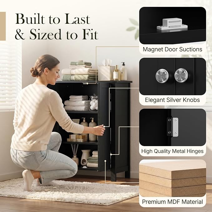 SUPER DEAL Modern Bathroom Floor Storage Cabinet with Adjustable Shelf and Double Door Rust Proof, Living Room Modern Home Furniture Storage Organizer Cabinet, Black