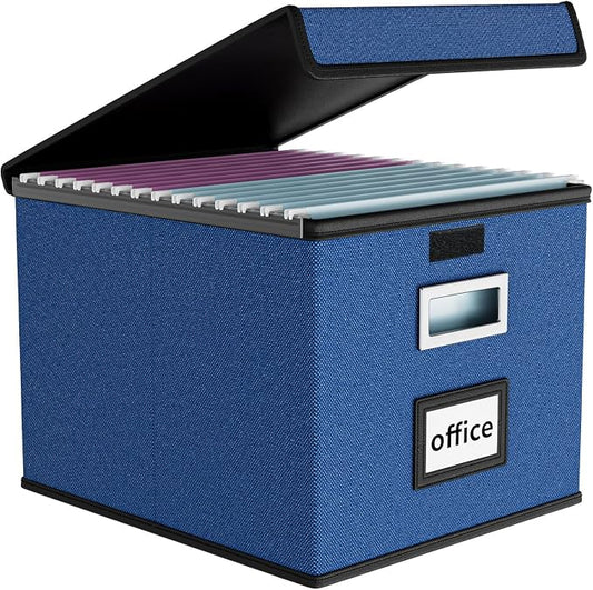 File Organizer Box with Lids, Collapsible File Folder Organizer | File Box with Plastic Slides for Document, Filing Bin for Letter Size Hanging File Folders (1 Pack, Royal Blue)
