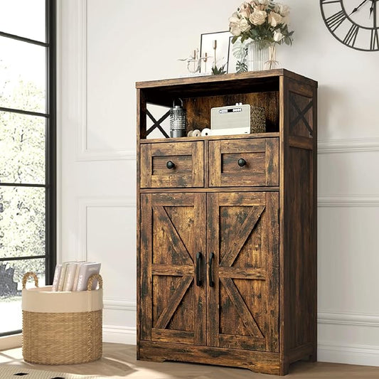 Farmhouse Storage Cabinet with Drawers, Small Kitchen Pantry Cabinet, Brown | Accent Coffee Bar Cabinet Cupboard, 2 Drawers, 2 Barn Doors & Adjustable Shelves, for Kitchen/Entryway/Living Room/Bathroom