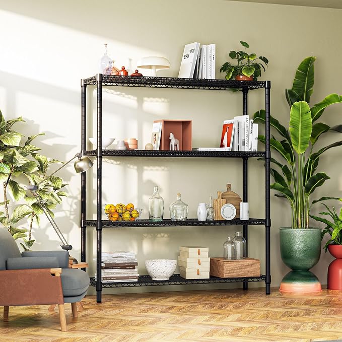 IZEUK 4-Tier Metal Garage Shelving, Heavy Duty Adjustable Storage Rack Organizer, Industrial Steel Shelves for Basement, Kitchen, Office, Warehouse (Black, 17.7" D x 59.1" W x 70.9" H)