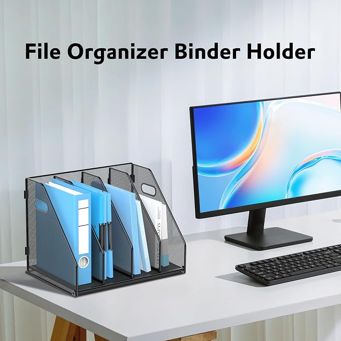 SUPEASY Binder Organizer, Magazine File Holder with 4 Vertical Rack, Black | Metal Desk File Organizer & Binder Holders, Magazine Organizers for Office Desktop, Home, School, Classroom