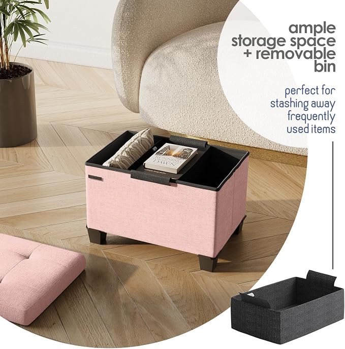 Storage Ottoman Cube with Small Bin, 16-in Square Ottoman with Storage for Living Room and Bedroom, Small Ottomans Foot Rest, Fabric Foot Stools Ottomans Max 330lbs, Pink