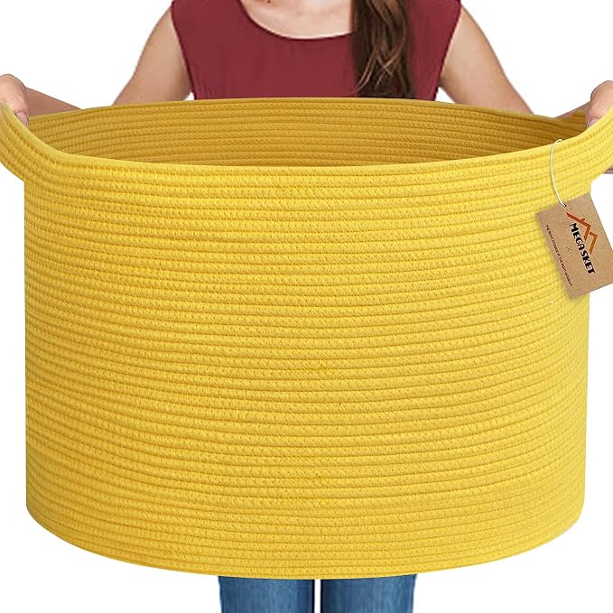 Extra Large Yellow Basket, 22” X 22” X 14” Cotton Rope Yellow Decor for Living Room Bedroom, Woven Basket for Blanket, Laundry, Towel, Shoe, Baby Nursery Toy Organizer, Room Decor Storage Bin