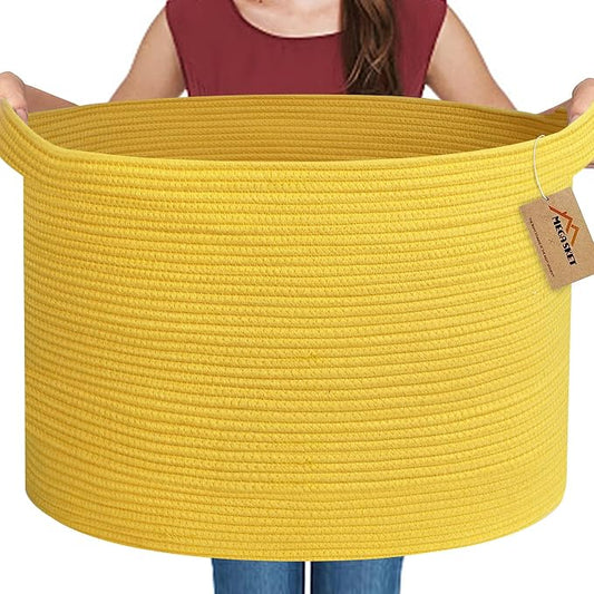 Extra Large Yellow Basket, 22” X 22” X 14” Cotton Rope Yellow Decor for Living Room Bedroom, Woven Basket for Blanket, Laundry, Towel, Shoe, Baby Nursery Toy Organizer, Room Decor Storage Bin