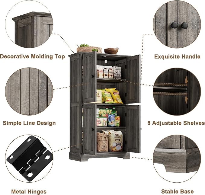 ChooChoo Bathroom Floor Cabinet with Adjustable Shelves | Bathroom Storage Cabinet, 4 Doors, Freestanding Cupboard for Living Room, Kitchen Pantry, Retro Grey