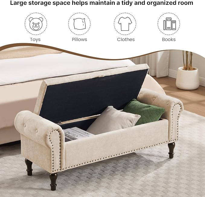 51" Storage Bench for Bedroom, Chenille End of Bed Bench, Queen Size Bench with Rolled Arms, Tufted Storage Ottoman Benches, Upholstered Bench for Bedroom, Living Room, Entryway, Camel