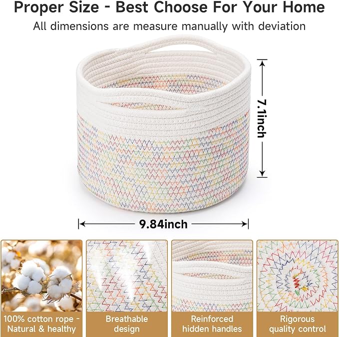 3 Pack Small Rope Storage Baskets, 9.82×9.82×7.1", Rainbow | Cotton Basket for Gifts Empty, Cute Round Woven Basket, Decorative Shelf Basket Organizer, Organizing Basket for Shelves
