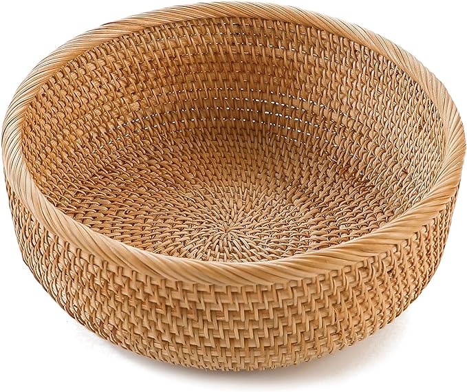 HITOMEN Handmade Rattan Bread Baskets Round Wicker Fruit Serving Storage Bowls, Natural Woven Decorative Kitchen Counter Organizing (Honey Brown) L-10.3"