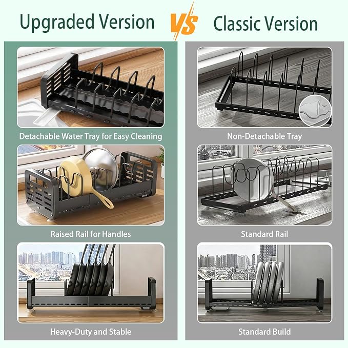 Pots and Pans Organizer Under Cabinet, Expandable Pot Lid Organizer | Adjustable Heavy Duty Rack with Removable Drip Tray, Expands 15.4"–24.8", Ideal for Kitchen Cabinets and Countertops.