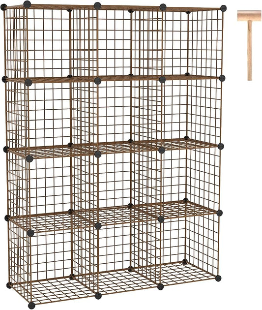 C&AHOME Wire Cube Storage, 12 - Cube Organizer Metal C Grids, Closet, Brown | Modular Shelves Units Storage Bins Shelving Bookshelf Shelf Cabinet
