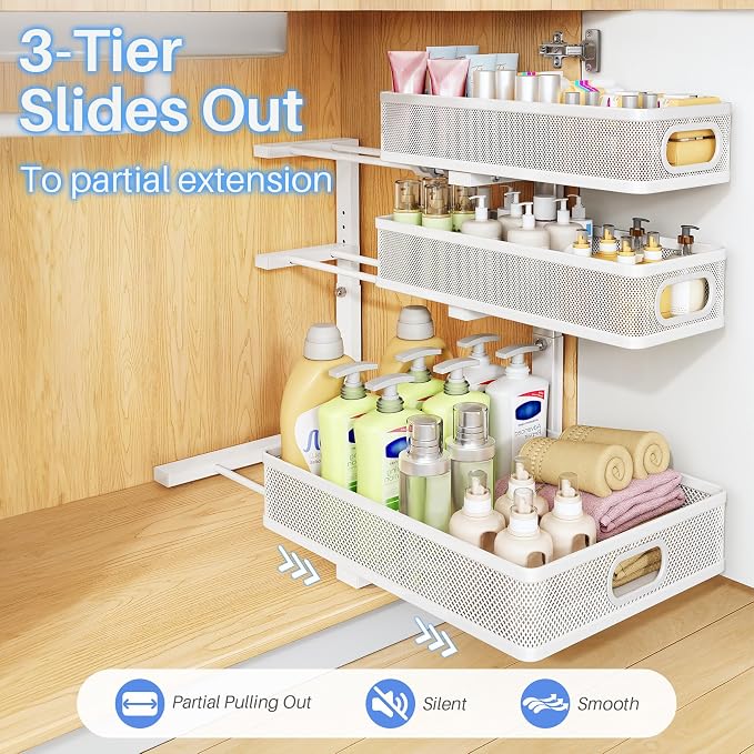 Under Sink Organizer, 3-Tier Thickened Metal Pull out Cabinet Organizer Shelf, Height Adjustable Slide out Storage Drawer Rack for Kitchen Bathroom Pantry Laundry Home Organization, 2-Pack, White | 35% Extra Storage Capacity, Carbon Steel, Hold Up 55lb...