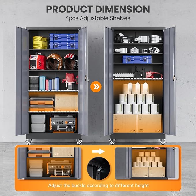 Metal Garage Cabinets with Wheels 15.8" D x 31.5" W x 75" H-Black | Heavy Duty, Locable