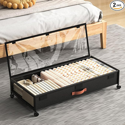 Under Bed Storage Containers with Wheels Large Underbed Shoes Blankets Clothes Toy Storage Drawers for College Dorms Bedrooms Nursery Rooms Organization (Black 1 Pack, 7.5in height(36"x16.6"x7.48"))