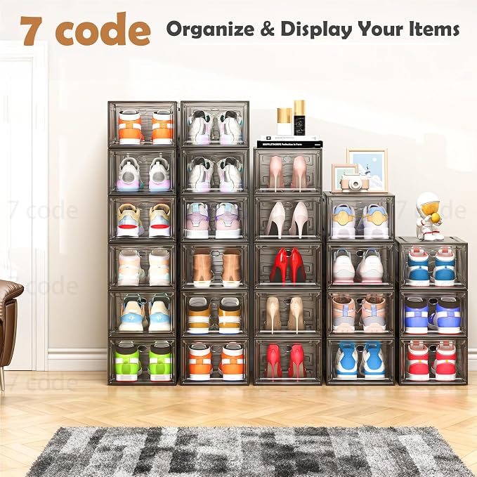 Sturdy Clear Shoe Organizer with Magnetic Door, Stackable Shoe Storage Box | Thick Plastic Shoe Storage for Sneakers & Boots, Collapsible Closet Shoe Rack and Clear Shoe Box, 6 Pack Black