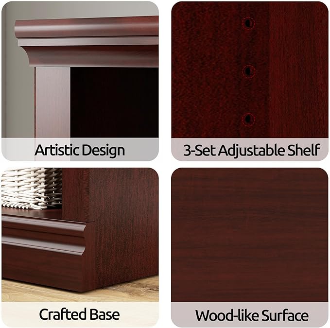64" W Double Wide Open Shelf Bookcase, 2 Tiers 4 Storage Cube Book Case | Horizontal Bookshelf, Display Cabinet Organizer Indoor Furniture, Home Library Office, Mahogany Adjustable Shelf