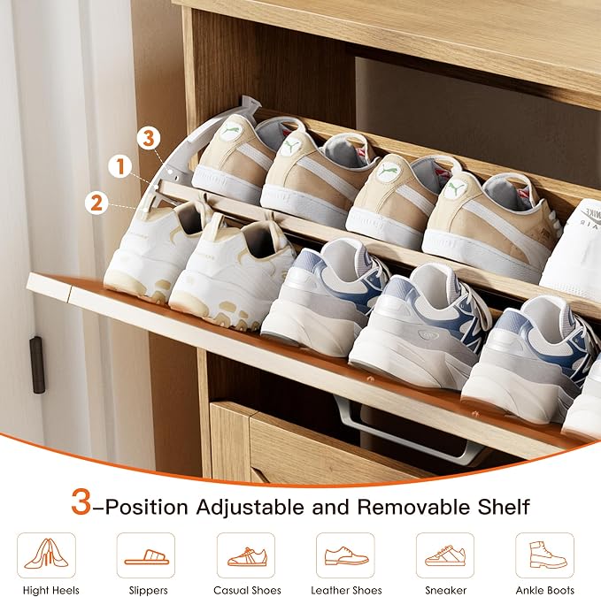 Shoe Cabinet for Entryway, 3 Flip Drawers Shoe Storage Cabinet with 3-Tier Adjustable Shelves, Ultra Slim Freestanding Hidden Shoe Organizer with Barn Door Design, Caramel Brown