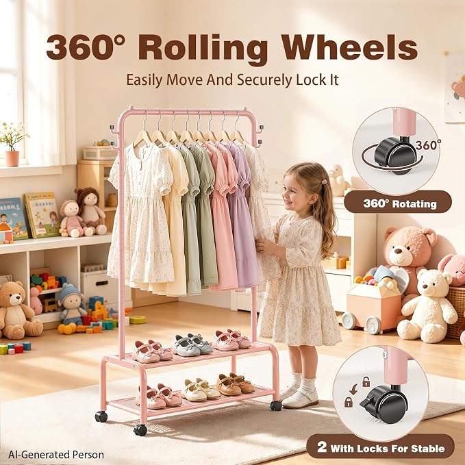 Rolling Kids Clothing Rack: 360° Wheels 2 Lockable for Easy Moving | 44 lb Hanging Capacity Metal Garment Rack with 2 Storage Shelves & 4 Hooks for Baby Toddler Young Kids, Pink