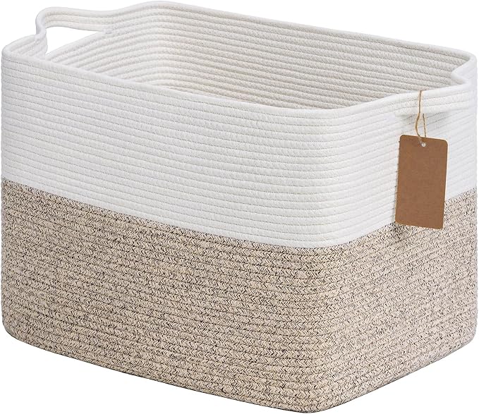 Goodpick Large Woven Storage Basket, Rectangle, Light Brown | 50L, 18 × 14 × 12 in, Cotton Rope, Reinforced Handles, Blankets, Toys Storage, Living Room & Nursery Organization