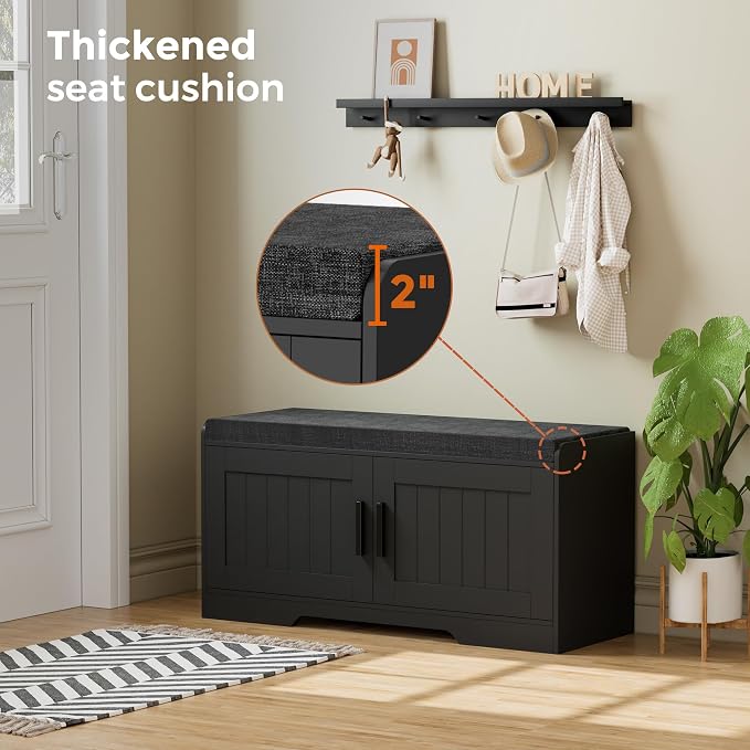 Homleke Shoe Storage Bench, 2 Doors & Thickened Padded Seat Cushion | 2-Tier Shoe Bench, Entryway Bench, Adjustable Shelf, 13.8" D x 37.4" W x 18.5" H, for Living Room, Bedroom, Black