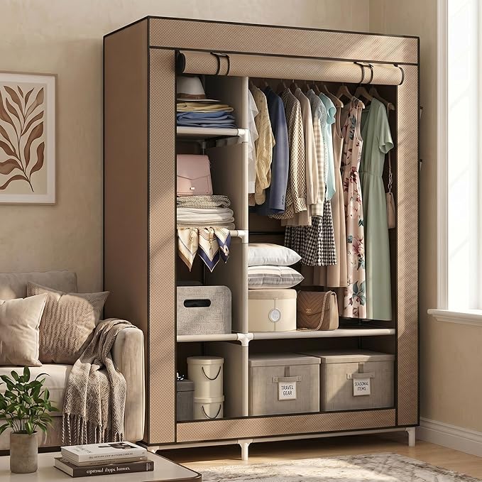 Calmootey Portable Closet Organizer, Space-Saving Storage System for Home | Sturdy Rod for Coats, 6 Shelves for Folded Clothes, 4 Side Pockets for Small Items, Non-Woven Dustproof Cover, Brown