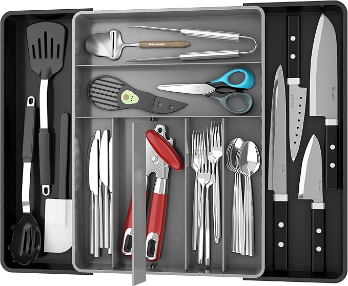 Simple Houseware Expandable Kitchen Drawer Flatware Organizer, Black/Gray | Expandable & Adjustable Cutlery Drawer Organizer - Large Utensil and Flatware Tray for Kitchen Drawers