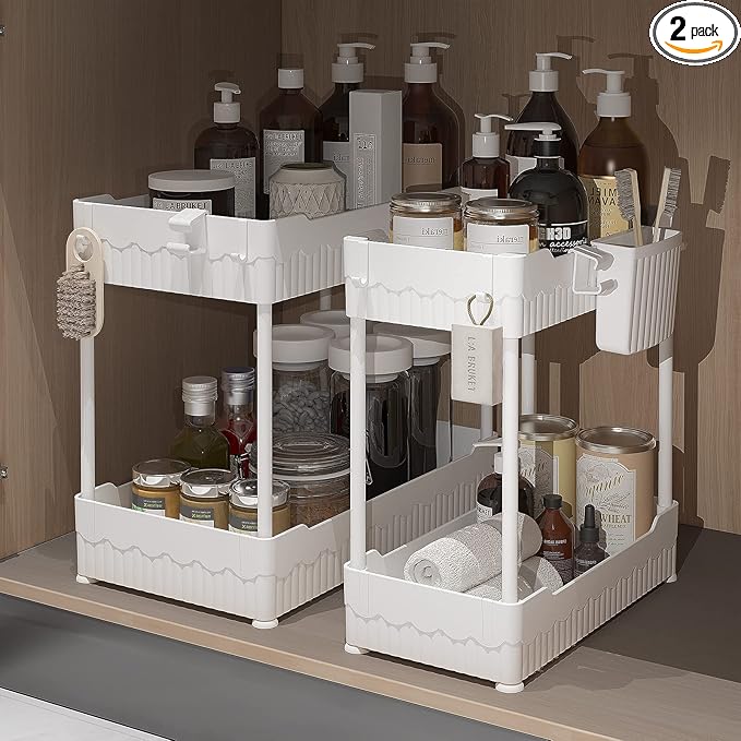 Sevenblue 2-Pack Under Sink Organizer with Hooks & Hanging Cup for Kitchen | Multi-use kitchen & bathroom storage, 12.8 inch white cabinet organizer, with hooks and hanging cup for easy access.