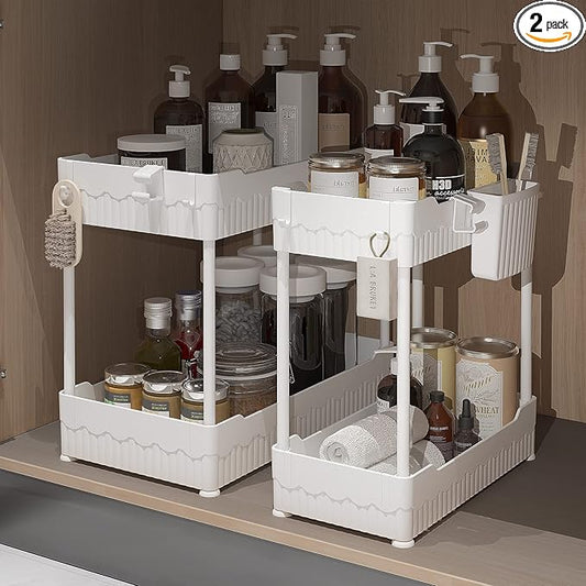 Sevenblue 2-Pack Under Sink Organizer with Hooks & Hanging Cup for Kitchen | Multi-use kitchen & bathroom storage, 12.8 inch white cabinet organizer, with hooks and hanging cup for easy access.