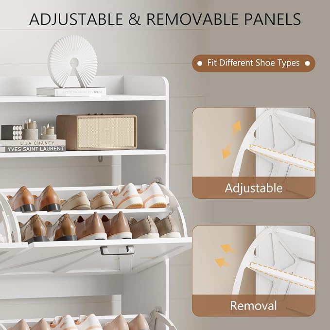 Shoe Cabinet with 6 Flip Drawers, Freestanding Hidden Shoe Storage Organizer for Entryway, Narrow Slim Shoe Rack Cabinet with Open Storage & Hooks for Front Door Entrance, Living Room, Hallway, White