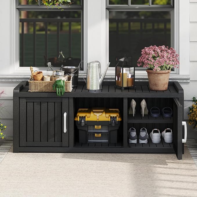 Shoe Storage Cabinet Waterproof UV-Resistant, Entryway Storage Bench Indoor Outdoor with 2 Doors, Adjustable Shelves for Entryway, Bedroom, Hallway,Living Room(Black)