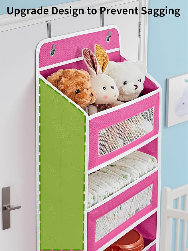 JARLINK Over the Door Organizer for Bedroom, Bathroom, 5 Shelf Rose Pink | Anti-Tilt Design, 44 lb Load Capacity, Hanging Door Organizer with 5 Large Capacity Pockets, Behind Door Storage for Nursery