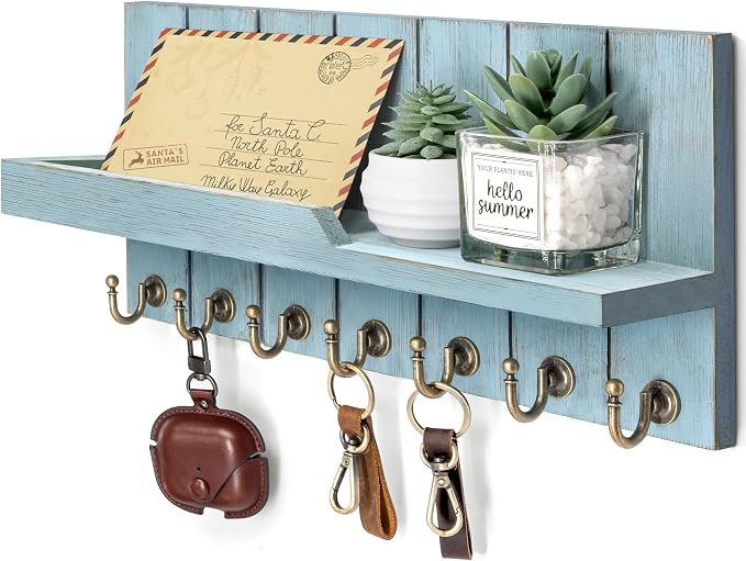 Rebee Vision Key Holder Wall Mount with Shelf for Entryway, Distressed Blue | Key Holder for Wall, Mail Organizer, Floating Shelf, Display Plant, Mail Sorter, Apartment Essential, Decorative Room Accent