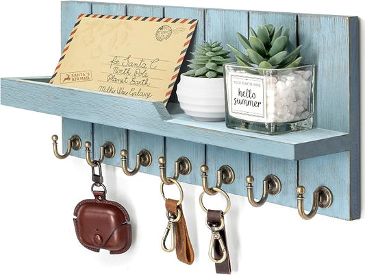 Rebee Vision Key Holder Wall Mount with Shelf for Entryway, Distressed Blue | Key Holder for Wall, Mail Organizer, Floating Shelf, Display Plant, Mail Sorter, Apartment Essential, Decorative Room Accent