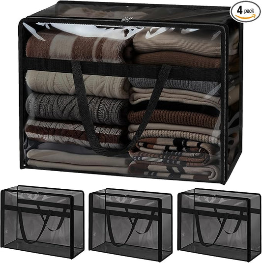 Blanket Storage Bags 4 Pack 60L Clothes Comforter Bedding Container Black | Clear Plastic Vinyl, Reinforced Handles, Zippered Closure, for Clothes Comforters Bedding and Moving