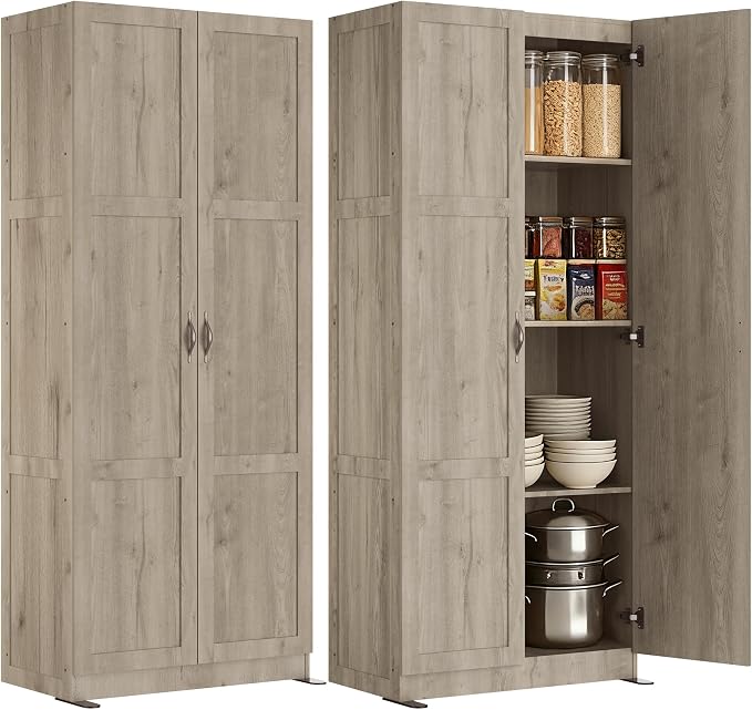 DUMOS Tall Storage Cabinet with Doors and Shelves, Kitchen Pantry Cabinet | 71'' Wood Storage Freestanding Cabinets for Bedroom, Pantry, Home Office, Dining Room & Living Room, Light Grey