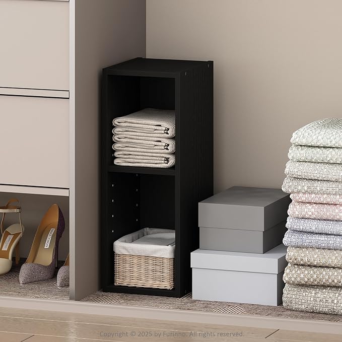 Furinno Reed 2-Tier Closet Organizers and Storage, Closet Organizer, Open Shelf Closet Storage, for Wardrobe, Bedroom, Living Room, 8-Inch Width, Blackwood