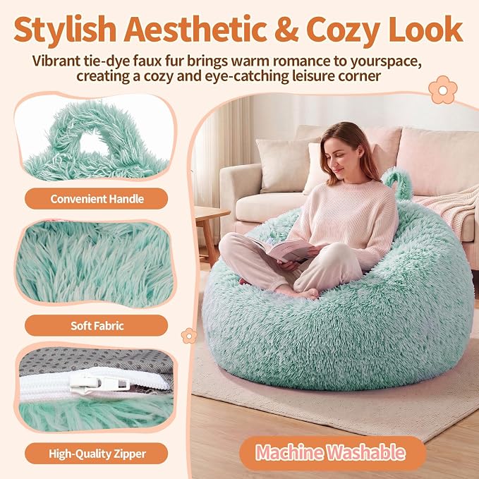 Stuffed Animal Storage Bean Bag Chair Cover, Soft Bean Bag Cover | Fluffy Faux Fur Stuffed Animal Storage Chair, Non-Slip Bottom, Fill with Plush Toys or Blankets, for Adults Teens Kids Girls