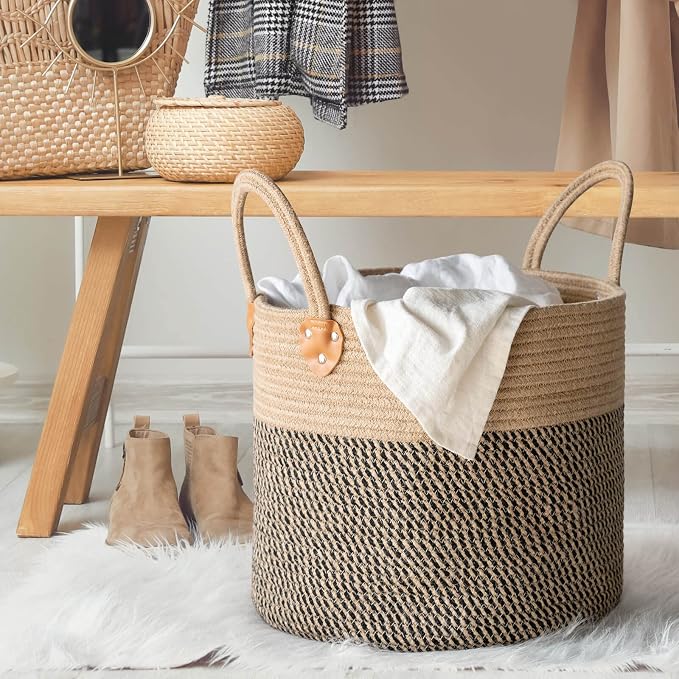 CHICVITA Wicker Storage Basket with Leather Handles, 14" x 12", Black | Decorative Woven Basket for Toys, Shoes, Blankets & Laundry Storage, Living Room & Bedroom Organizer, Indoor Plant Basket