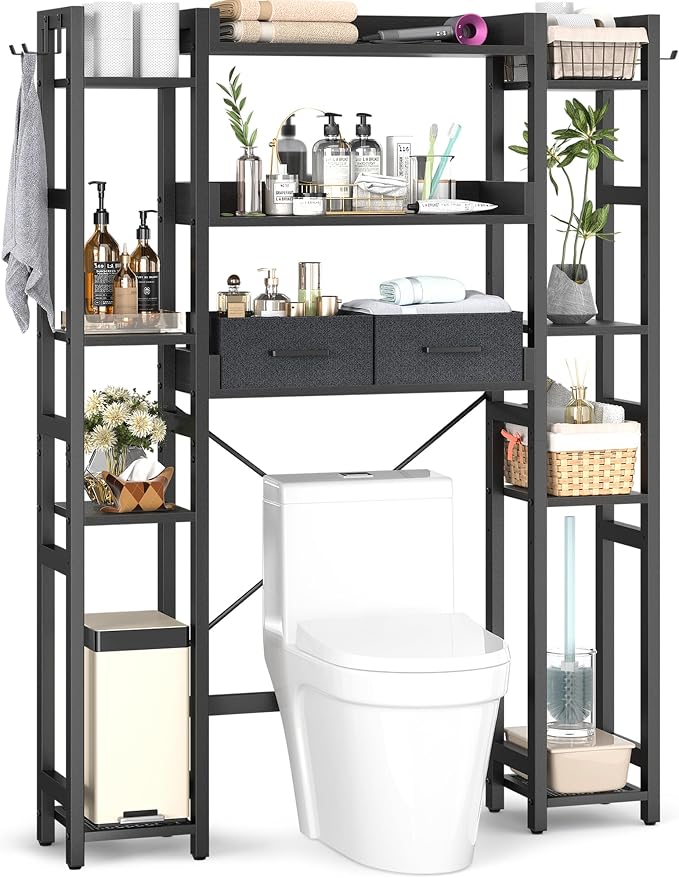 Besiost Over The Toilet Storage, 11 Tier Bathroom Organizer with Dual Side Racks and 2 Fabric Drawers, Adjustable Freestanding Rack Space Saver for Small Spaces, Black