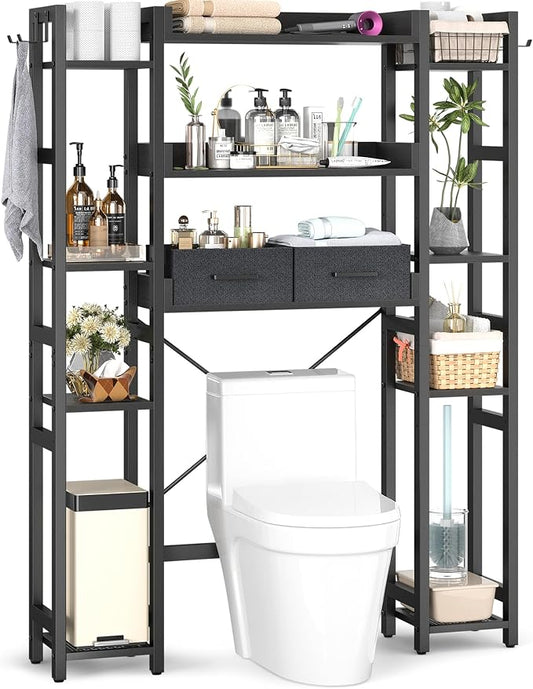 Besiost Over The Toilet Storage, 11 Tier Bathroom Organizer with Dual Side Racks and 2 Fabric Drawers, Adjustable Freestanding Rack Space Saver for Small Spaces, Black