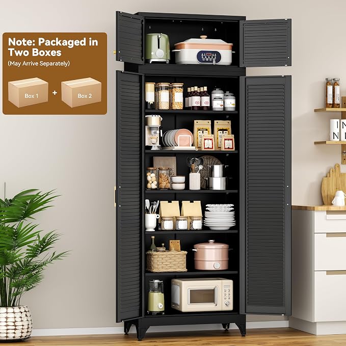 Polup 90" Tall Metal Kitchen Pantry Storage Cabinet with Doors and Shelves | Heavy-Duty Black Cabinet, 5 Adjustable Shelving, Gold Handles, Louvered Doors, for Dining Living Room, Bathroom & Garage