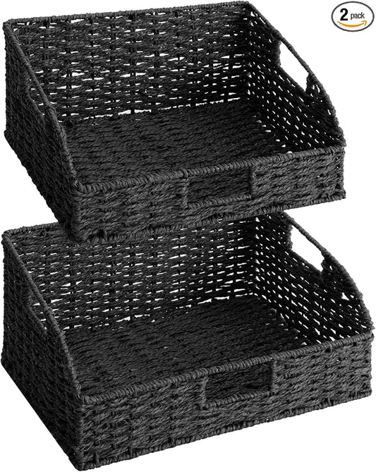 StorageWorks Wicker Baskets with Handles, Pantry Organizers and Storage, Paper Rope Pantry Baskets for Shelves, Black， 2-Pack