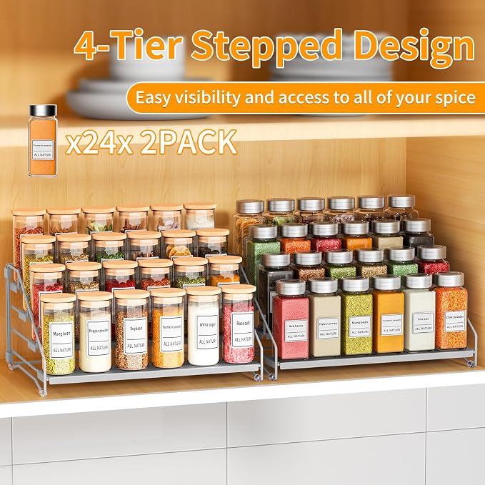 2 Pack Spice Rack Organizer for Cabinet, Depth Adjustable 4 Tier Spice Rack | Silver, Metal Spice Organization for Cabinet, Easy Visibility, Tiered Spice Rack Perfect for Cabinet, Pantry and Countertop