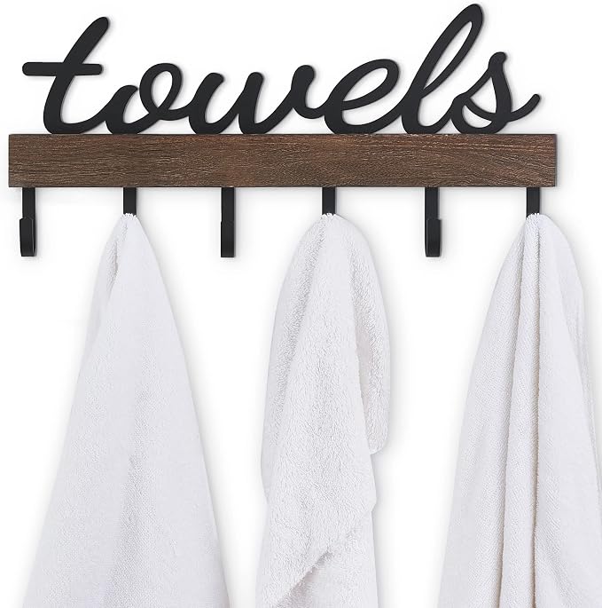 Dahey Small Towel Rack with 6 Hooks Wall Mounted Wooden Holder for Bathroom | Rustic Wood & Metal Hooks, Easy Mount, Space-Saving, Versatile Storage, Hanger for Bathrobe Clothes, Farmhouse Bathroom Decor