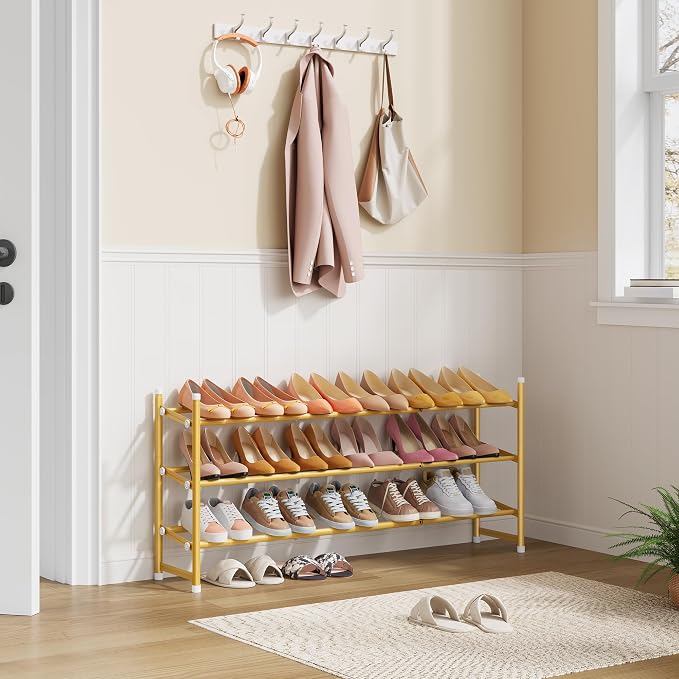 Expandable Shoe Rack for Closet 3 Tier, 28“-41“Stackable, Gold | Adjustable Shoe Organizer Closet Shoe Rack Floor, Metal Shoe Shelf Storage for Entryway, Closet, Garage, Front Door Entrance