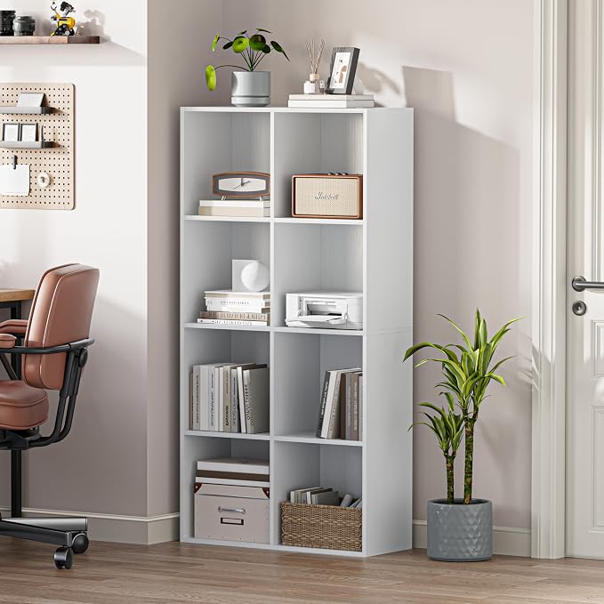 VDNEND Wooden Storage Organizer with Closed Back Panel, 11in Cube Shelf Opening, Bookshelf, Display Shelf,Closet Cabinet for Home and Office Embossed White, 8-Cube (47.8L*9.45W*24.09H)